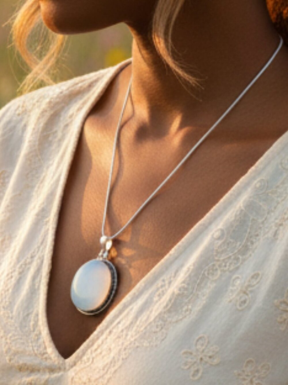 Opalite Round Gemstone Silver Pendant with Silver Chain Necklace